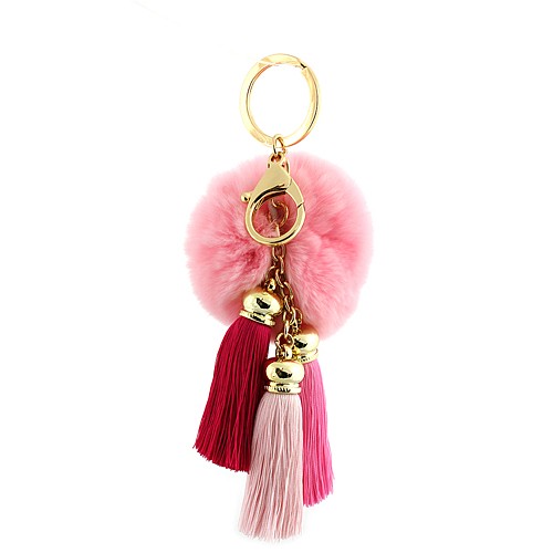 Key Chain - Rabbit Fur Pom Pom w/ Tassel - Pink - KC-YQ005PK